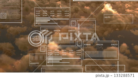 Floating translucent panels hovering over clouds, with numeric fields, bar graphs, circular diagram 133288571