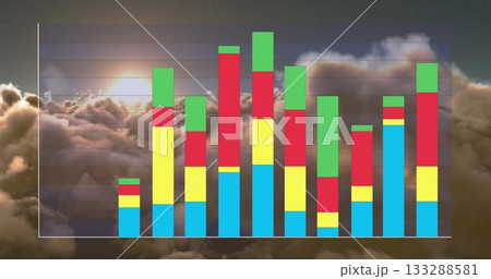 Displaying stacked bar chart with multicolored segments over sunrise cloudscape, gridlines, axes Displaying stacked bar chart with multicolored segments over sunrise cloudscape, gridlines, axes 133288581