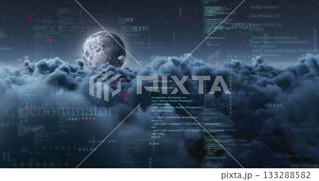 Emerging rocky moon hovering above dense clouds at night, with code, binary digits and HUD elements 133288582