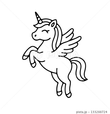 Fun and whimsical unicorn with wings in a playful pose, suitable for children s art and decorations 133288724