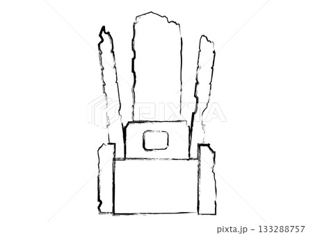 静寂な霊園、伝統的なお墓・和風の墓石と供養のシンボル・卒塔婆の立つ日本の古びた墓の線画 133288757