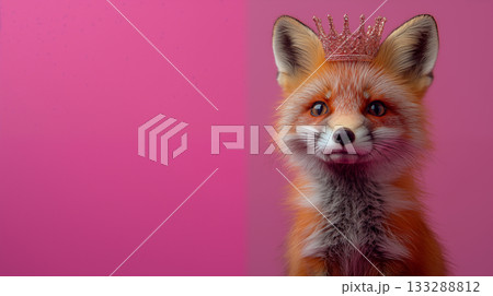 Red fox wearing crown against pink background, whimsical portrait concept 133288812
