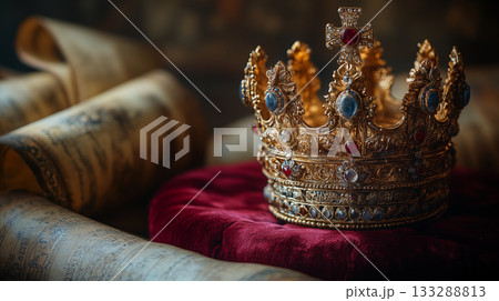 Royal crown resting on red velvet with ancient scrolls, medieval power symbol 133288813