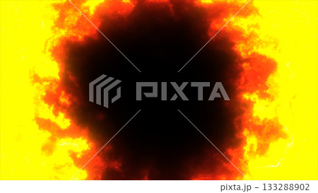 Vibrant fiery energy ring forming a glowing circular portal with intense yellow and red heat surrounding a dark void 133288902