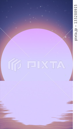 Minimalistic sunrise over calm ocean waves under a starry sky, blending soft blue and pink tones 133288915