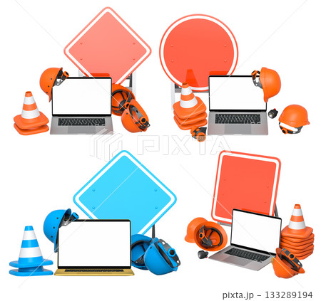 Laptops with blank screens surrounded by construction helmets, cones and warning signs on white background with clipping path 133289194