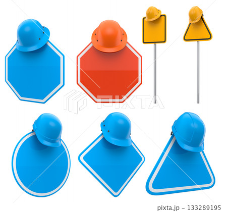 Blank traffic signs with different shapes and colors on metal poles on white background with clipping path, concept of road safety 133289195