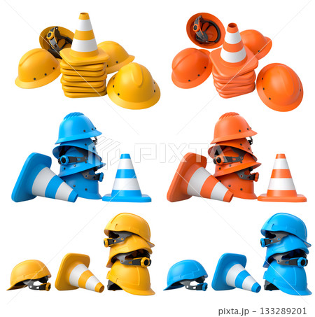 Stack of construction helmets and traffic cones isolated white background with clipping path, representing safety equipment 133289201