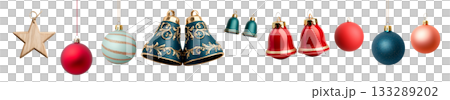 Green, red and gold crafted decorative bells with floral patterns isolated on transparent white background, showcasing elegance and craftsmanship Green, red and gold crafted decorative bells with floral patterns isolated on transparent white background, showcasing elegance and craftsmanship 133289202