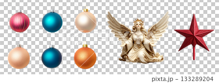 Assorted colorful Christmas baubles, golden angel figurine, and red star tree topper on white background, concept of festive decor. 133289204