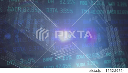 Displaying digital financial data visualization in trading dashboard, with holographic tickers 133289224
