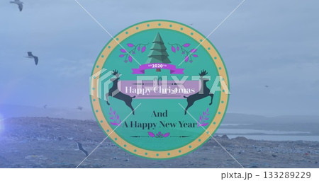 Floating turquoise graphic showing evergreen tree and reindeer at shoreline, with seagulls flying Floating turquoise graphic showing evergreen tree and reindeer at shoreline, with seagulls flying 133289229
