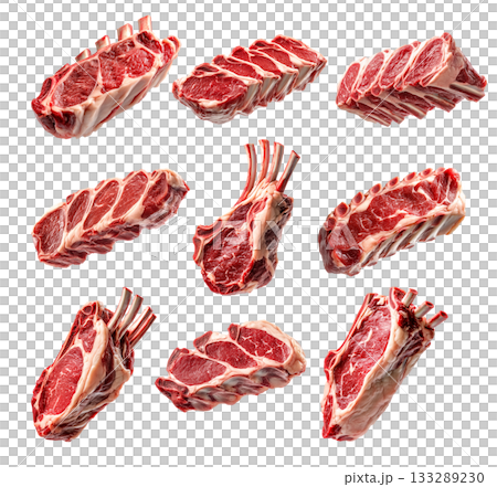 Set of rack of Lamb, isolated on white background, showcasing culinary concept Set of rack of Lamb, isolated on white background, showcasing culinary concept 133289230