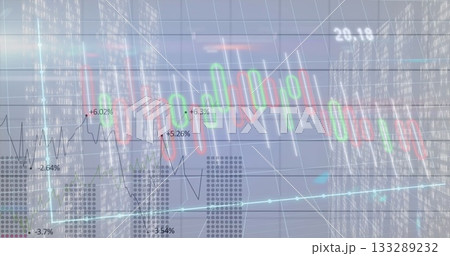 Displaying candlestick bars and line graph over urban skyline at night, with percentage labels Displaying candlestick bars and line graph over urban skyline at night, with percentage labels 133289232
