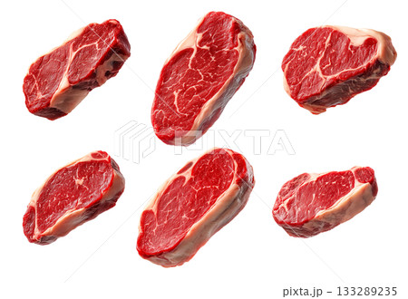 Set of of fresh pork chop cut isolated on white background, showcasing texture and quality 133289235