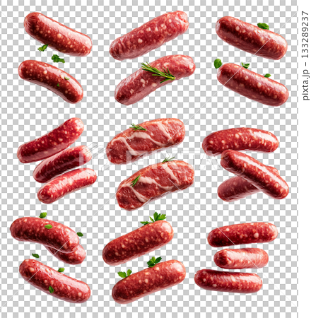 Set of raw pork sausages isolated on white background, concept of culinary ingredients 133289237