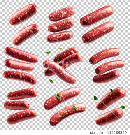 Set of raw pork sausages isolated on white background, concept of culinary ingredients 133289239