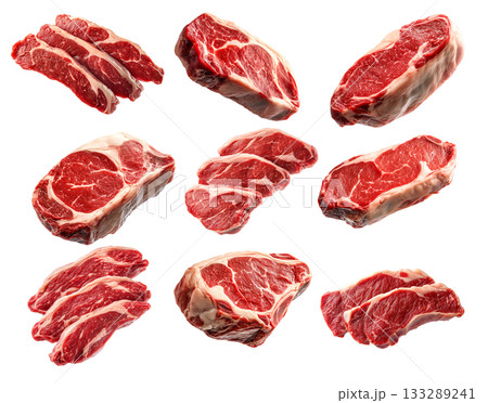 Set of pork shoulder steak showcasing marbled texture isolated on white background, emphasizing freshness and quality 133289241
