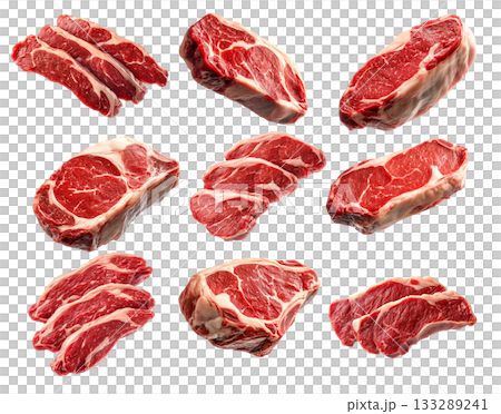 Set of pork shoulder steak showcasing marbled texture isolated on white background, emphasizing freshness and quality 133289241