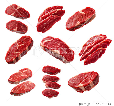 Set of pork tenderloin steak showcasing marbled texture isolated on white background, emphasizing freshness and quality. 133289243