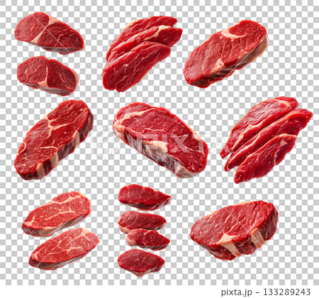 Set of pork tenderloin steak showcasing marbled texture isolated on white background, emphasizing freshness and quality. 133289243
