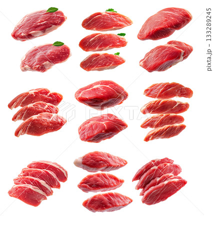 Set of slices of turkey breast cut isolated on white transparent background, showcasing quality and texture Set of slices of turkey breast cut isolated on white transparent background, showcasing quality and texture 133289245