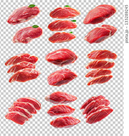 Set of slices of turkey breast cut isolated on white transparent background, showcasing quality and texture Set of slices of turkey breast cut isolated on white transparent background, showcasing quality and texture 133289245