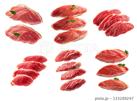 Set of slices of turkey breast cut isolated on white transparent background, showcasing quality and texture 133289247