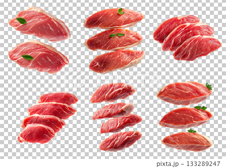 Set of slices of turkey breast cut isolated on white transparent background, showcasing quality and texture 133289247