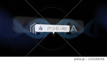 Floating speech-bubble notification showing likes at digital void, 3D DNA helix and thumbs-up icon Floating speech-bubble notification showing likes at digital void, 3D DNA helix and thumbs-up icon 133289248