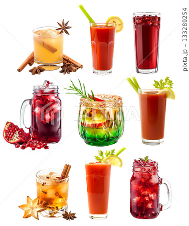 Apple Cinnamon Punch in a green mug, tomato juice with fresh herbs and pomegranate juice 133289254