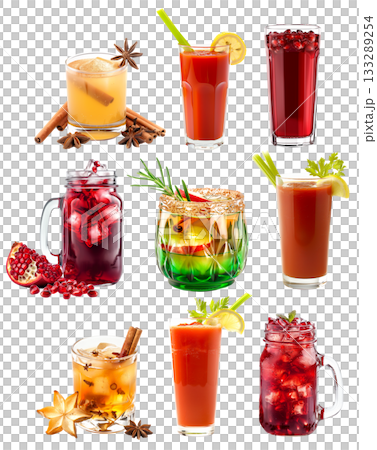Apple Cinnamon Punch in a green mug, tomato juice with fresh herbs and pomegranate juice 133289254