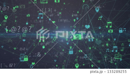 Pulsing network in cyberspace, with connecting lines, padlock, music, camera and other symbols 133289255