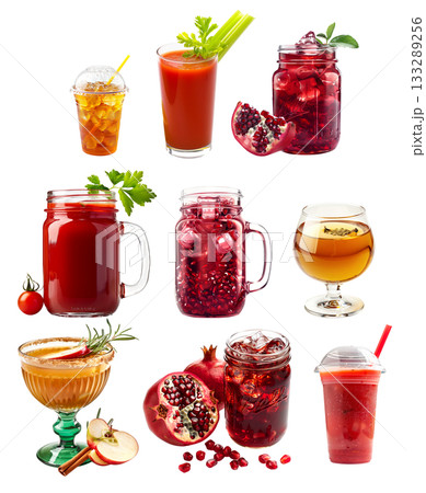 Apple Cinnamon Punch in a green mug, tomato juice with fresh herbs and pomegranate juice 133289256
