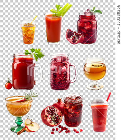 Apple Cinnamon Punch in a green mug, tomato juice with fresh herbs and pomegranate juice 133289256