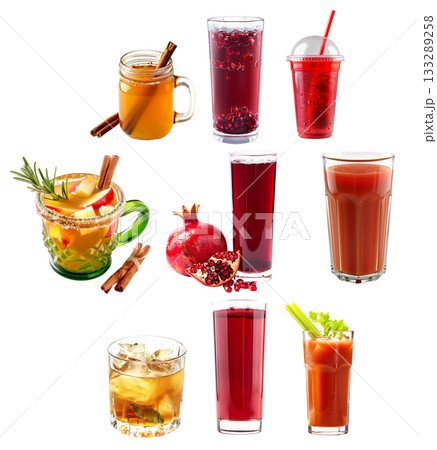 Apple Cinnamon Punch in a green mug, tomato juice with fresh herbs and pomegranate juice 133289258