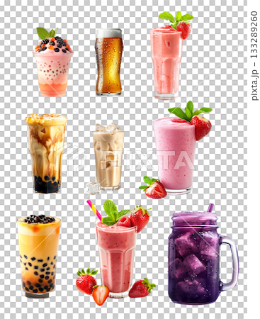 Pineapple juice and ice cubes, Bubble tea drink with tapioca pearls and Grape soda cocktail isolated on white background 133289260