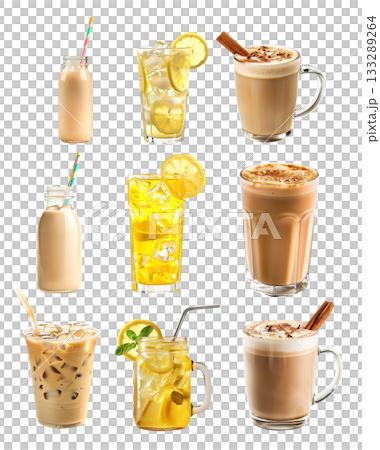 Cocktail or lemonade with lemon and lime, creamy matcha chai latte, milk tea isolated on white transparent background Cocktail or lemonade with lemon and lime, creamy matcha chai latte, milk tea isolated on white transparent background 133289264