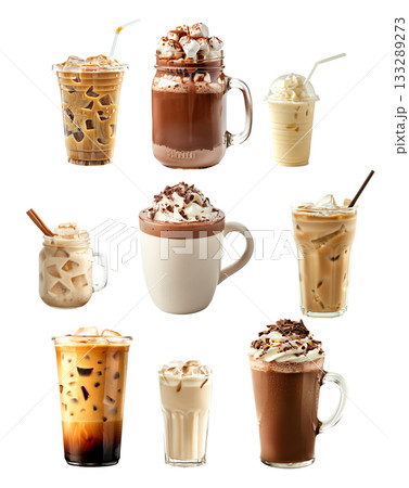 Horchata almond milk, iced coffee with milk and ice cubes, Hot chocolate topped with whipped cream isolated on white 133289273