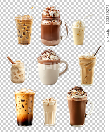 Horchata almond milk, iced coffee with milk and ice cubes, Hot chocolate topped with whipped cream isolated on white 133289273