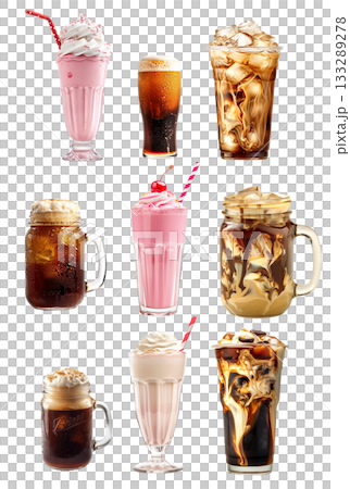 Iced coffee with milk and ice cubes, Hot chocolate topped and milkshake with whipped cream isolated on white Iced coffee with milk and ice cubes, Hot chocolate topped and milkshake with whipped cream isolated on white 133289278