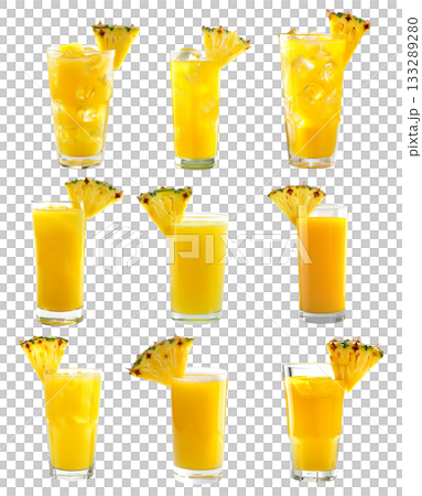 Fresh pineapple juice and ice cubes in a tall glass isolated on white transparent background. 133289280