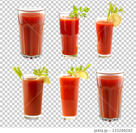 A tall glass of tomato juice beautifully garnished with fresh herbs, ideal for healthy drinks 133289282