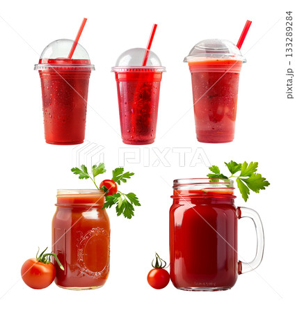 A tall glass of tomato juice beautifully garnished with fresh herbs, ideal for healthy drinks A tall glass of tomato juice beautifully garnished with fresh herbs, ideal for healthy drinks 133289284