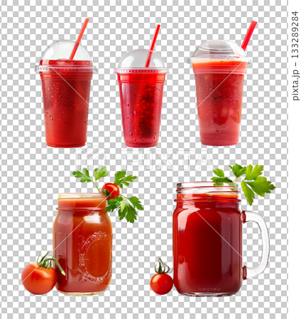 A tall glass of tomato juice beautifully garnished with fresh herbs, ideal for healthy drinks A tall glass of tomato juice beautifully garnished with fresh herbs, ideal for healthy drinks 133289284