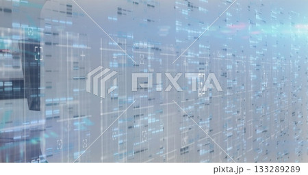 Covering racks with holographic data overlay in data center, with cooling vents and network cables 133289289