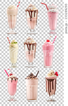 Strawberry milkshake topped with whipped cream and a chocolate isolated on white background Strawberry milkshake topped with whipped cream and a chocolate isolated on white background 133289293