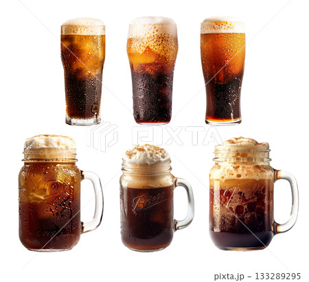 A frosty glass is filled to the brim with bubbly, dark caramel soda or root beer isolated on white 133289295