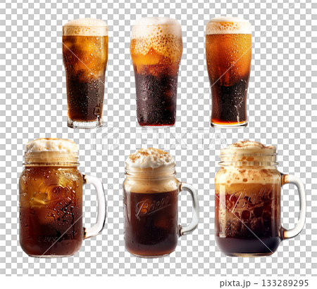 A frosty glass is filled to the brim with bubbly, dark caramel soda or root beer isolated on white A frosty glass is filled to the brim with bubbly, dark caramel soda or root beer isolated on white 133289295