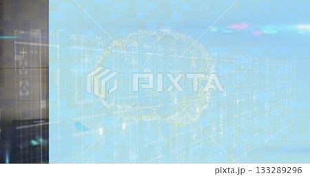 Floating brain hologram glowing over data center binary code grid with server racks, light flares Floating brain hologram glowing over data center binary code grid with server racks, light flares 133289296